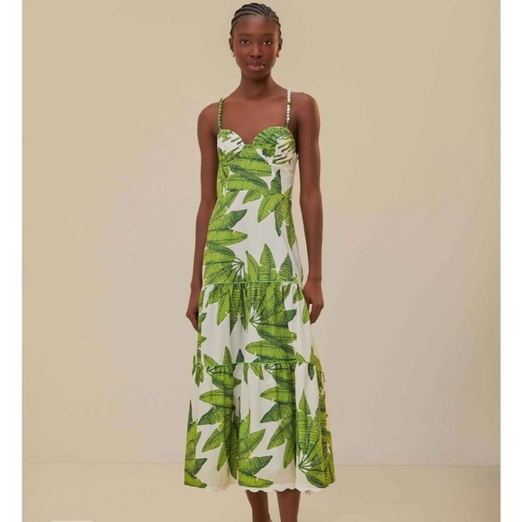 NWT Farm Rio OFF-WHITE PALM FAN COTTON MIDI DRESS S